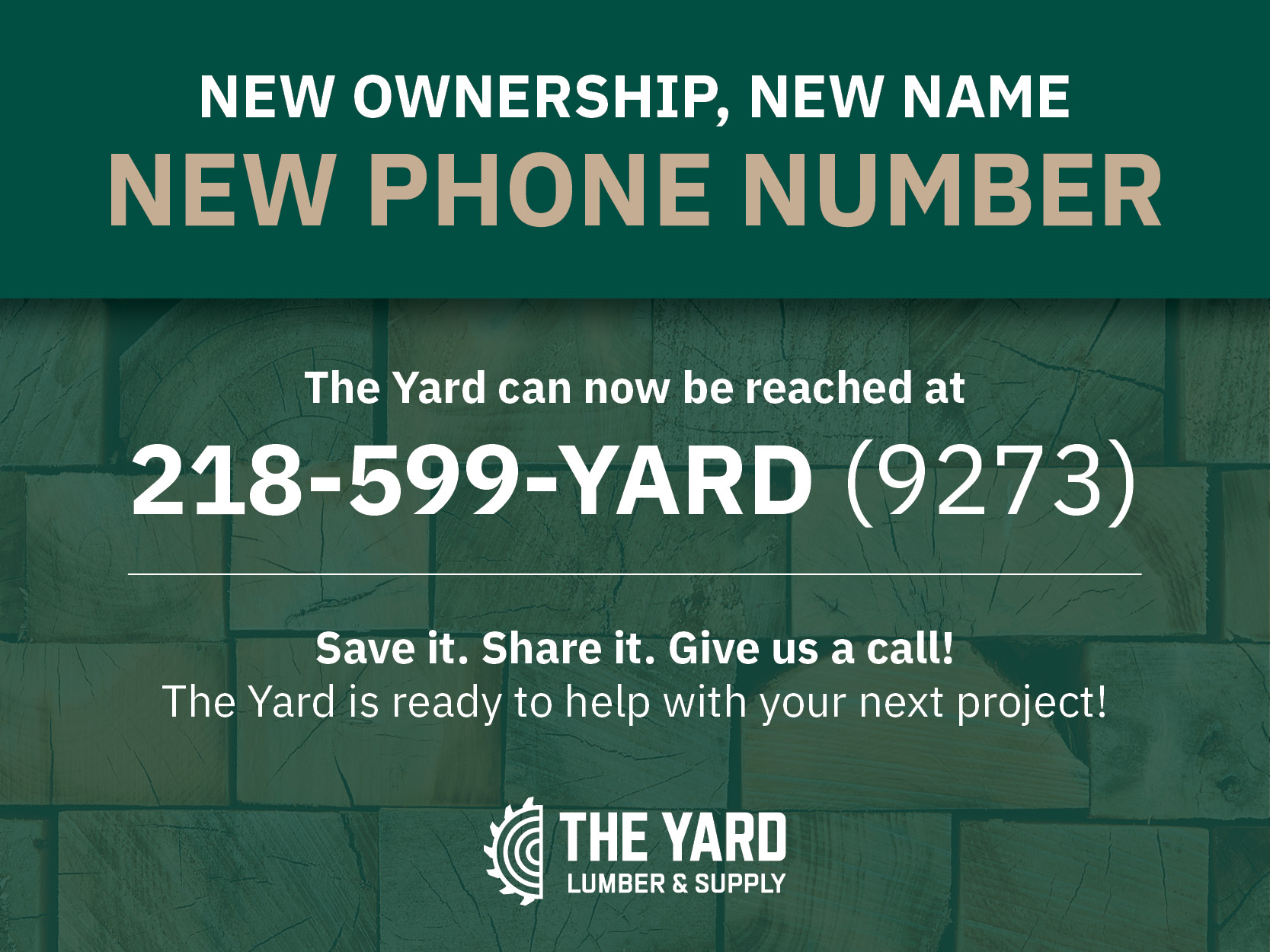 The Yard has a new phone number: 218-599-YARD (218-599-9273). Save it, share it, give us a call.