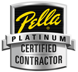 Pella Platinum Certified Contractor logo in silver and black with a yellow