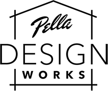 Logo for Pella Design Works, black text with a house outline above and horizontal lines below.